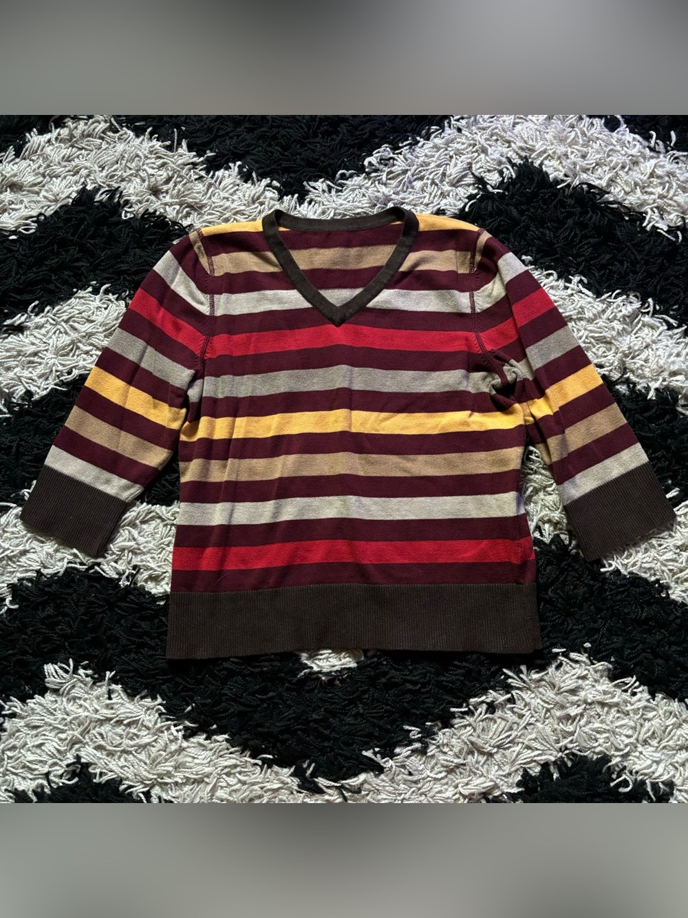 Autumn Aesthetic Multicolor Striped V-Neck 3/4 Sleeve Sweater